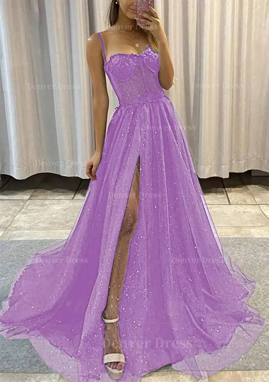 kamahe A-line Sweetheart Spaghetti Straps Sweep Train Tulle Glitter Prom Dress With Appliqued