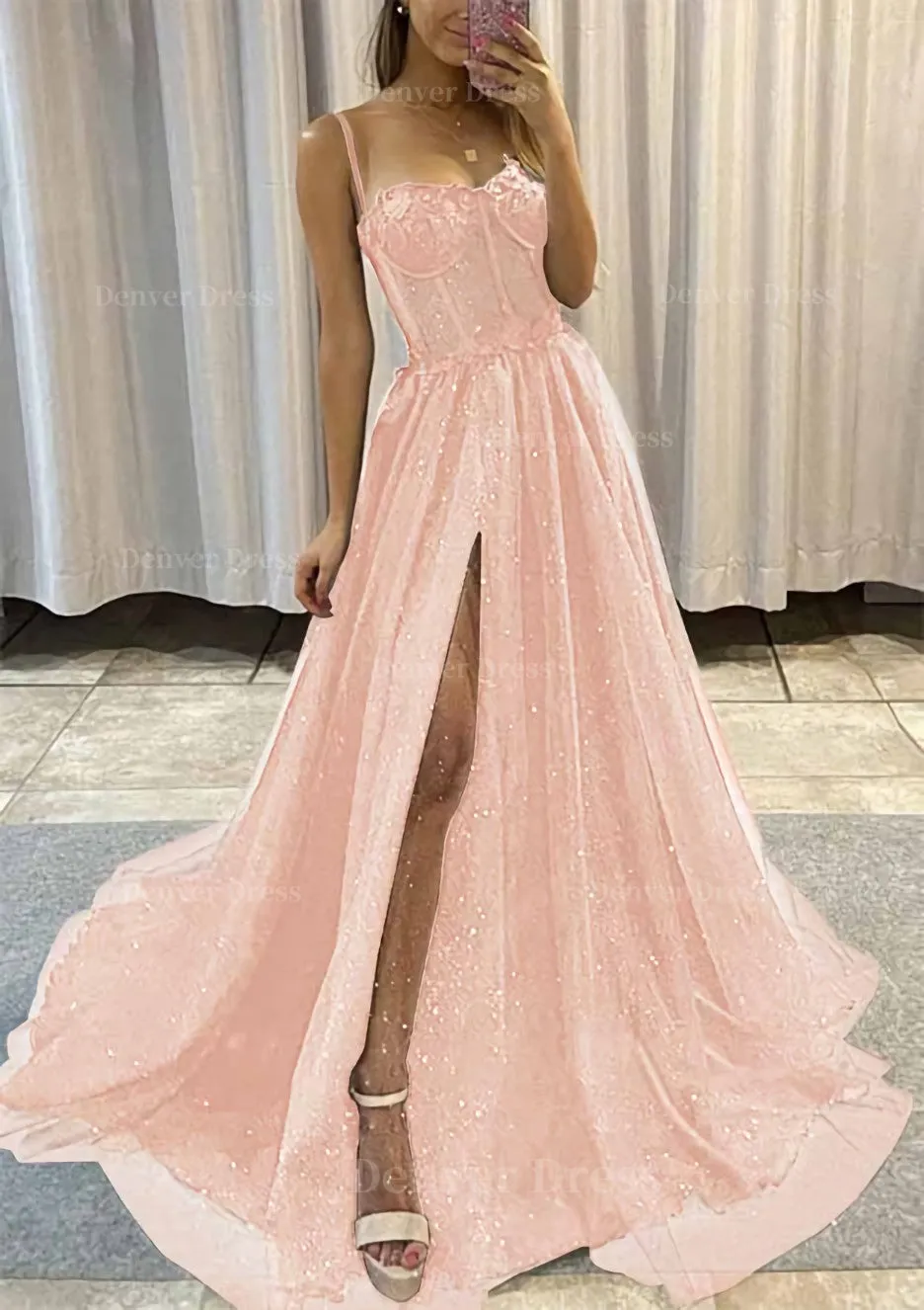 kamahe A-line Sweetheart Spaghetti Straps Sweep Train Tulle Glitter Prom Dress With Appliqued