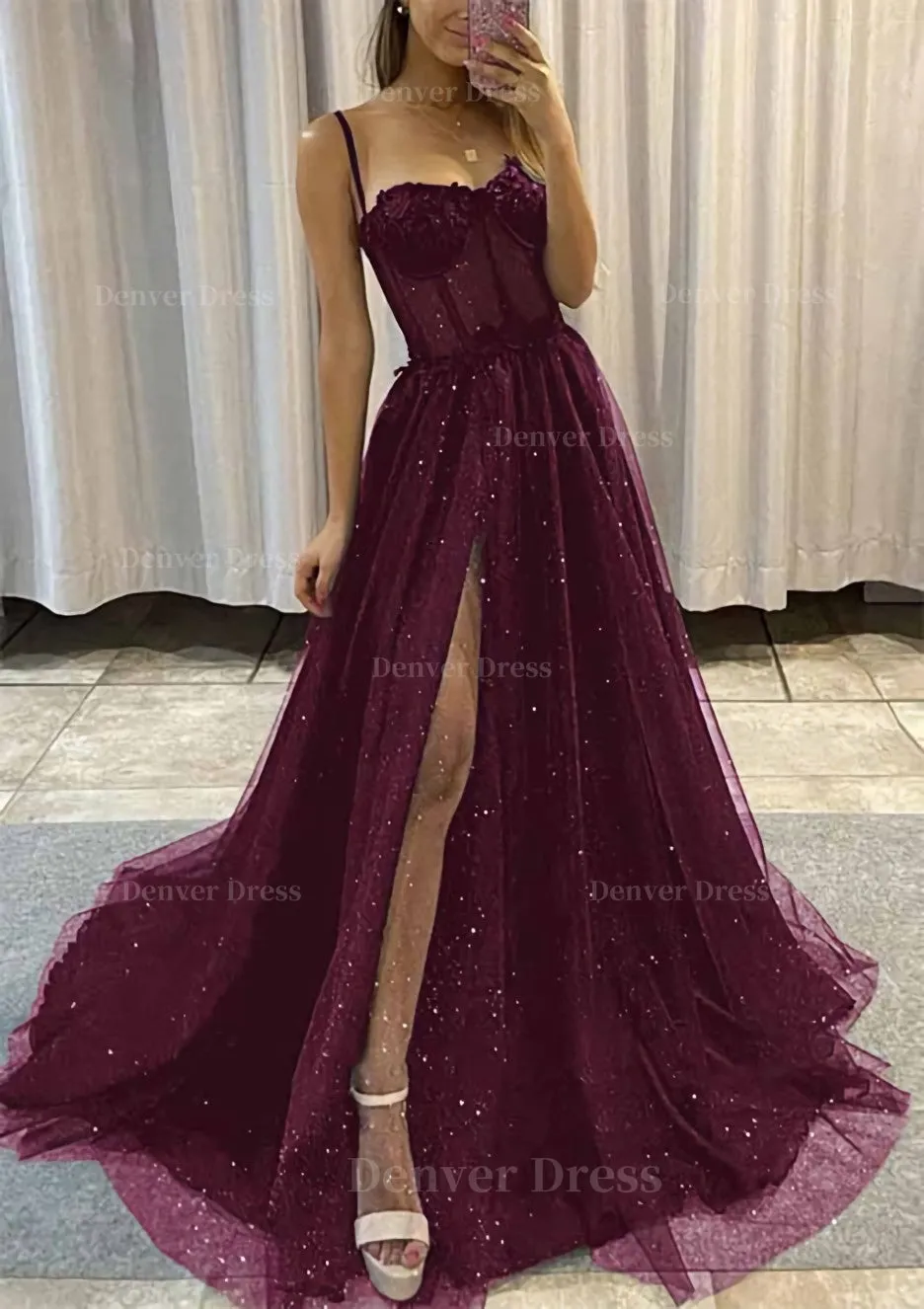 kamahe A-line Sweetheart Spaghetti Straps Sweep Train Tulle Glitter Prom Dress With Appliqued