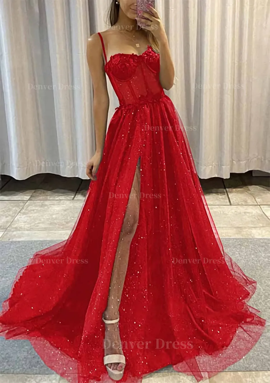 kamahe A-line Sweetheart Spaghetti Straps Sweep Train Tulle Glitter Prom Dress With Appliqued