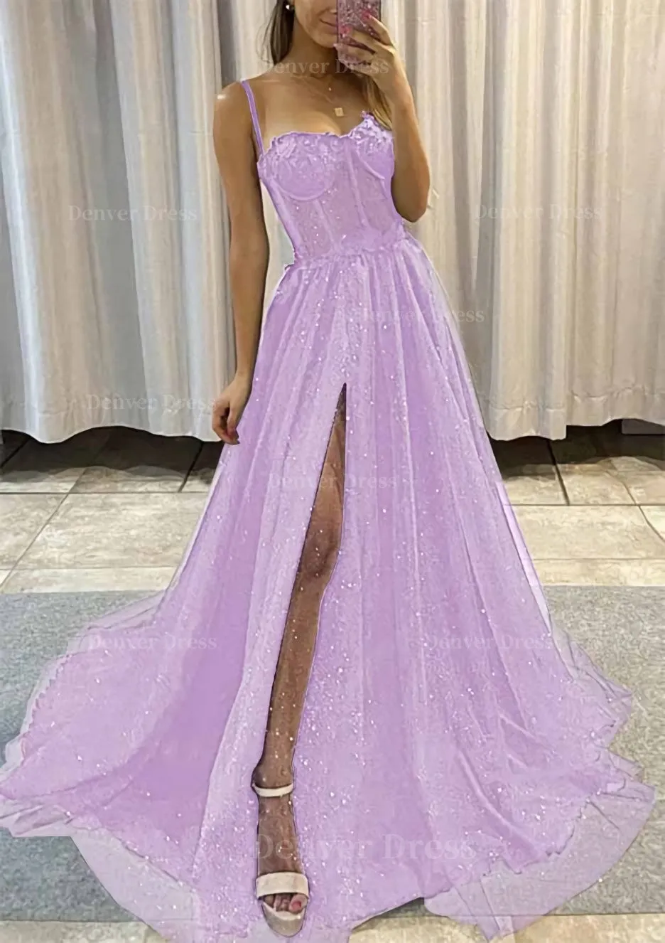 kamahe A-line Sweetheart Spaghetti Straps Sweep Train Tulle Glitter Prom Dress With Appliqued