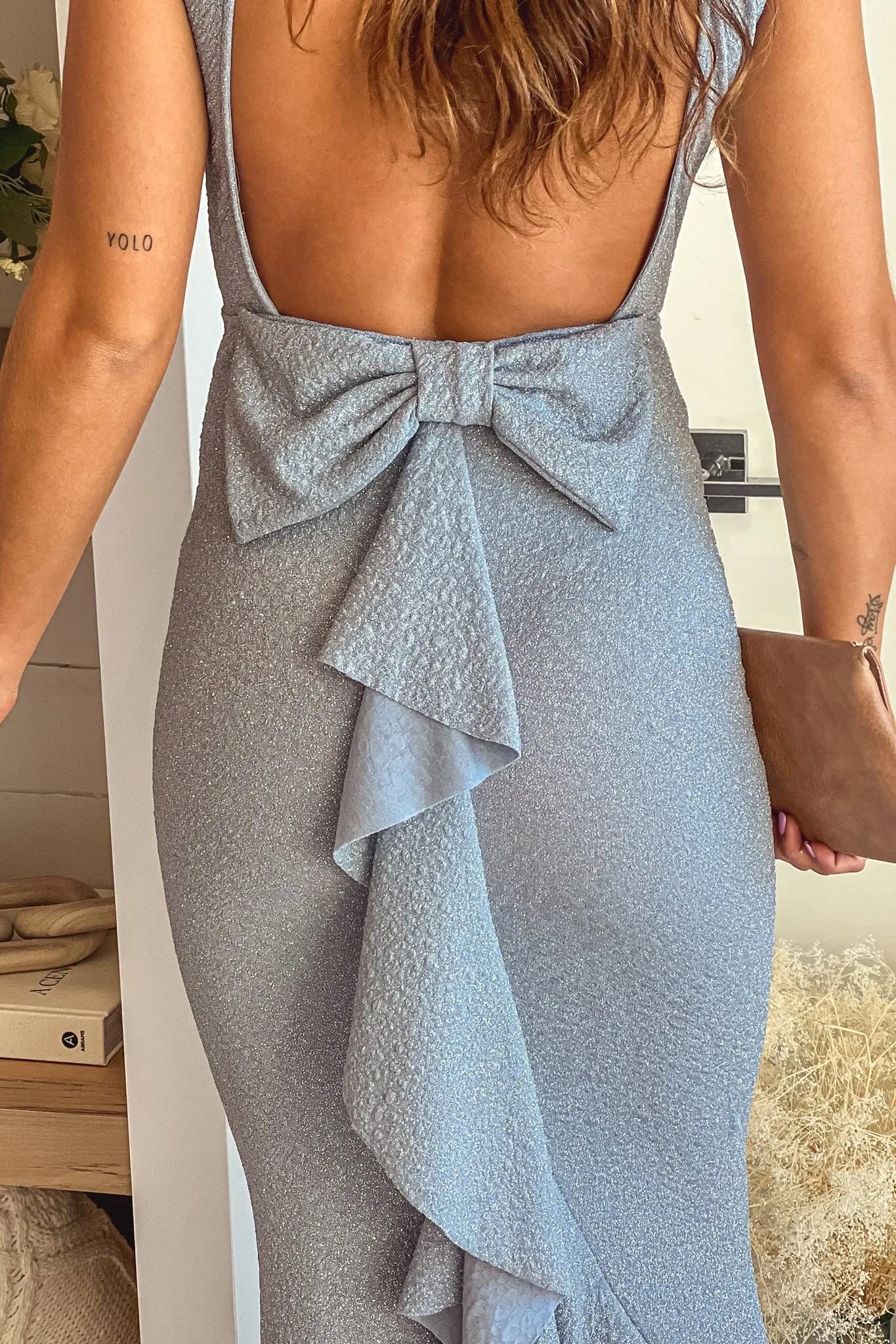 Light Blue Glitter Maxi Dress With Bow Detail