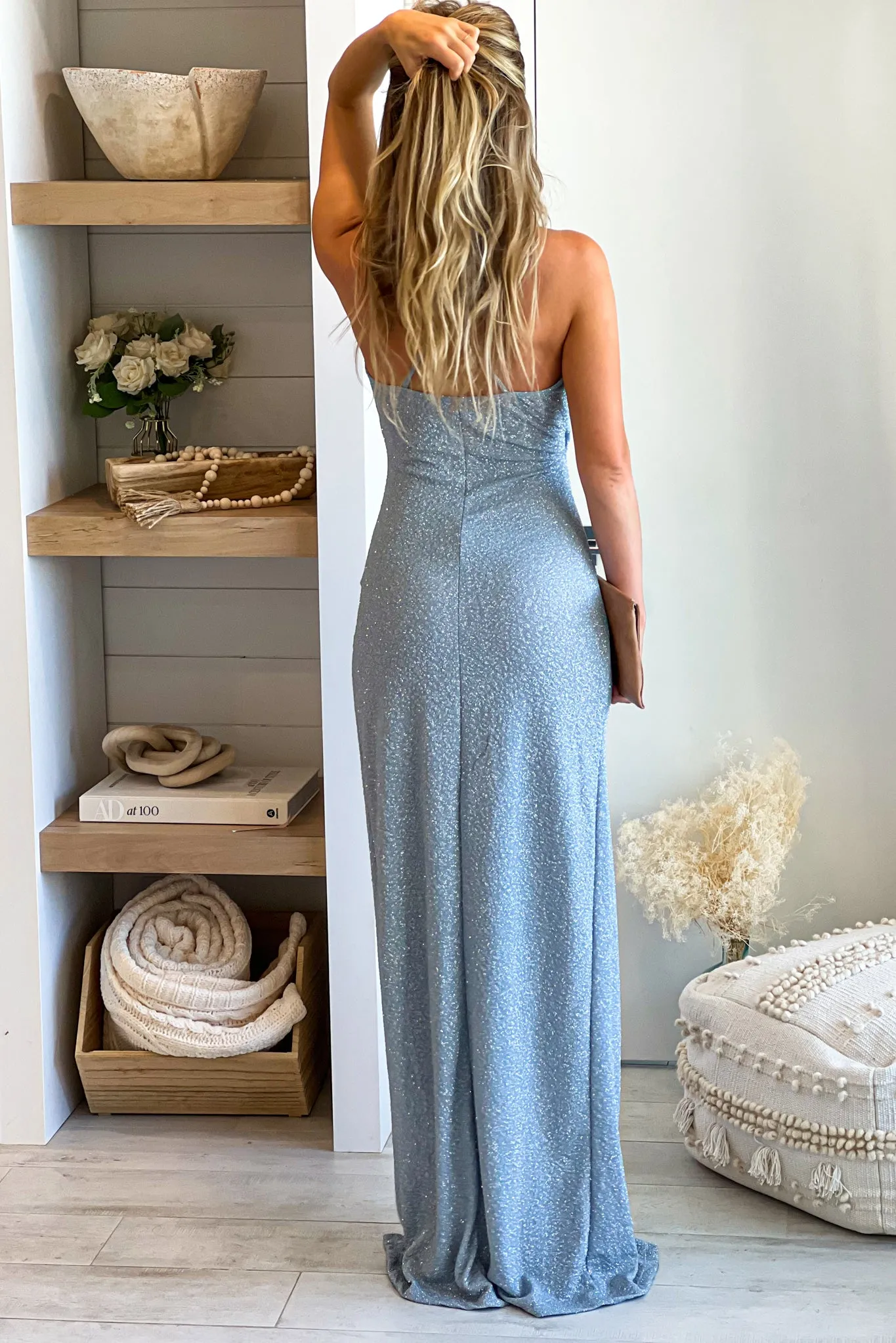 Light Blue Glitter Maxi Dress With Slit