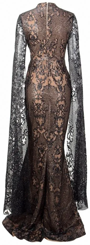 Long-Sleeve Glitter Lace Gown - Black or White