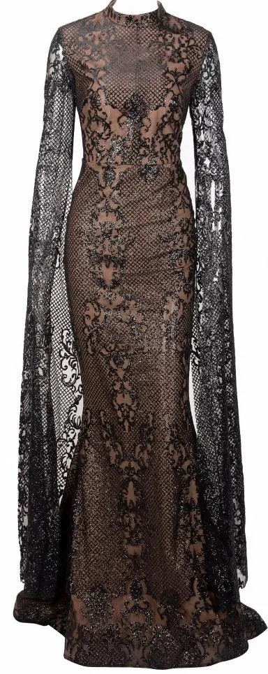 Long-Sleeve Glitter Lace Gown - Black or White