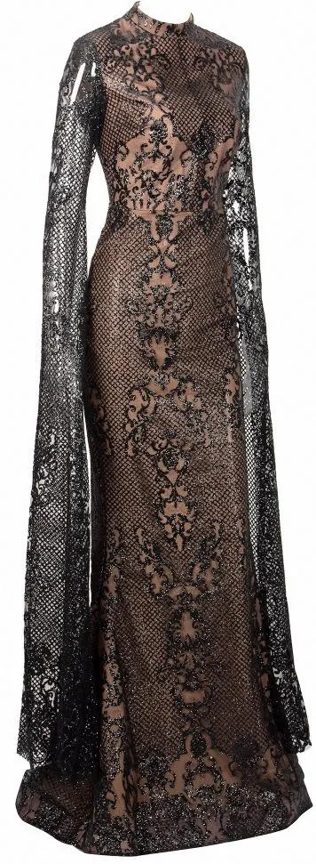 Long-Sleeve Glitter Lace Gown - Black or White