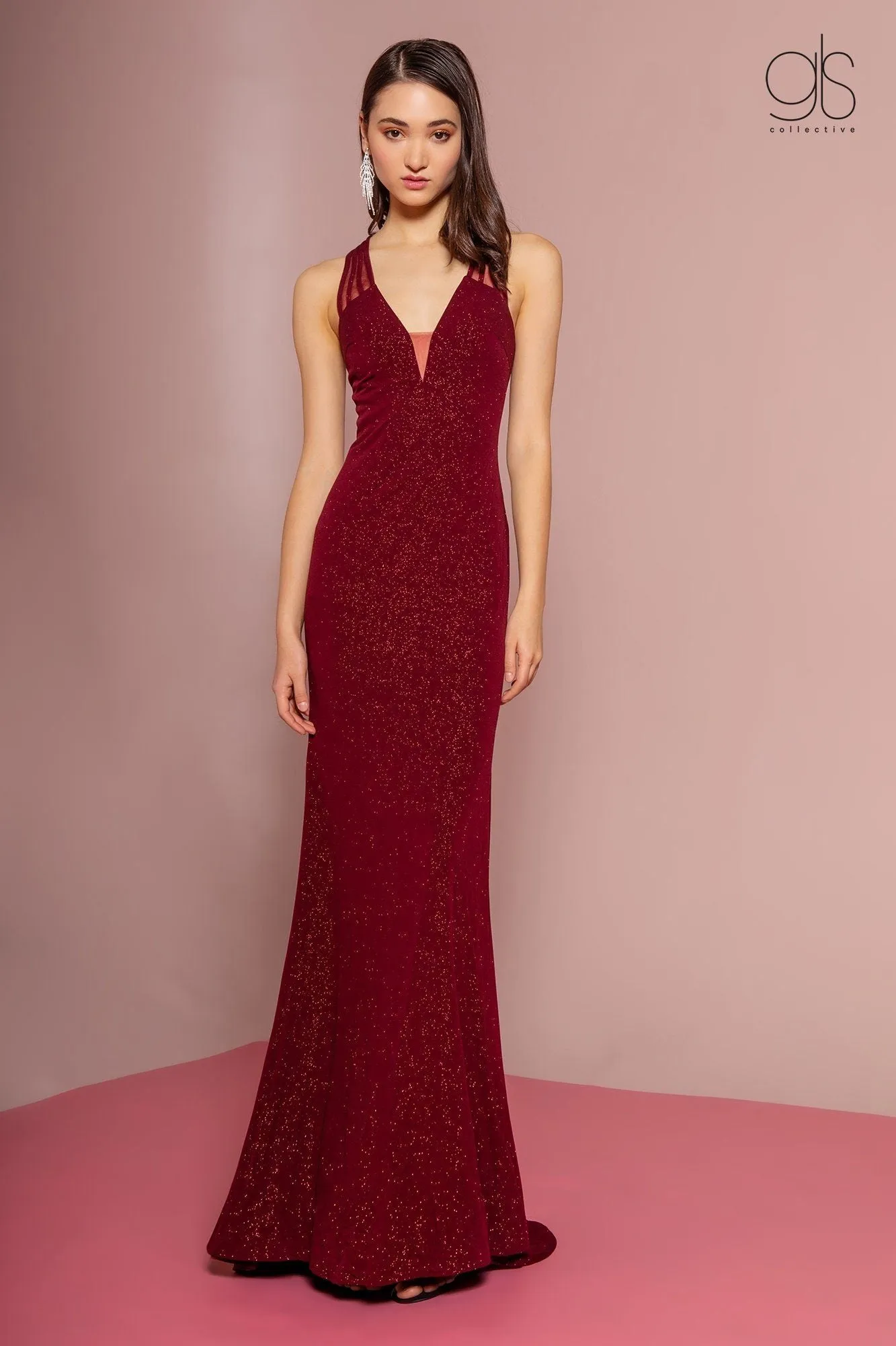 Long V-Neck Glitter Dress with Back Cut Out by Elizabeth K GL2704