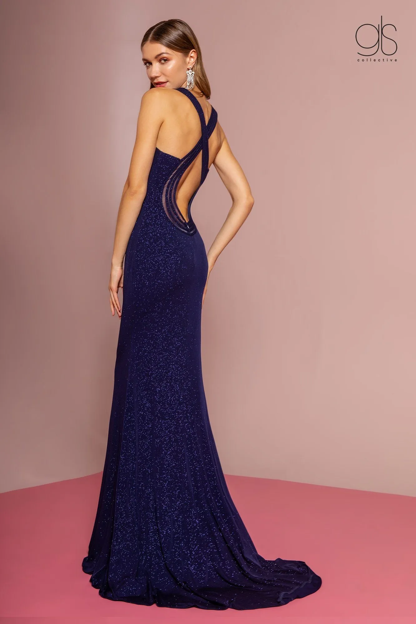 Long V-Neck Glitter Dress with Back Cut Out by Elizabeth K GL2704