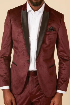 MARC DARCY Simon Velvet Tux Lapel Jacquard Blazer - Slim Fit Tuxedo Jacket - Wine