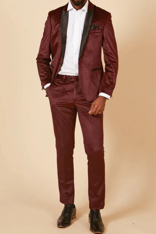 MARC DARCY Simon Velvet Tux Lapel Jacquard Blazer - Slim Fit Tuxedo Jacket - Wine