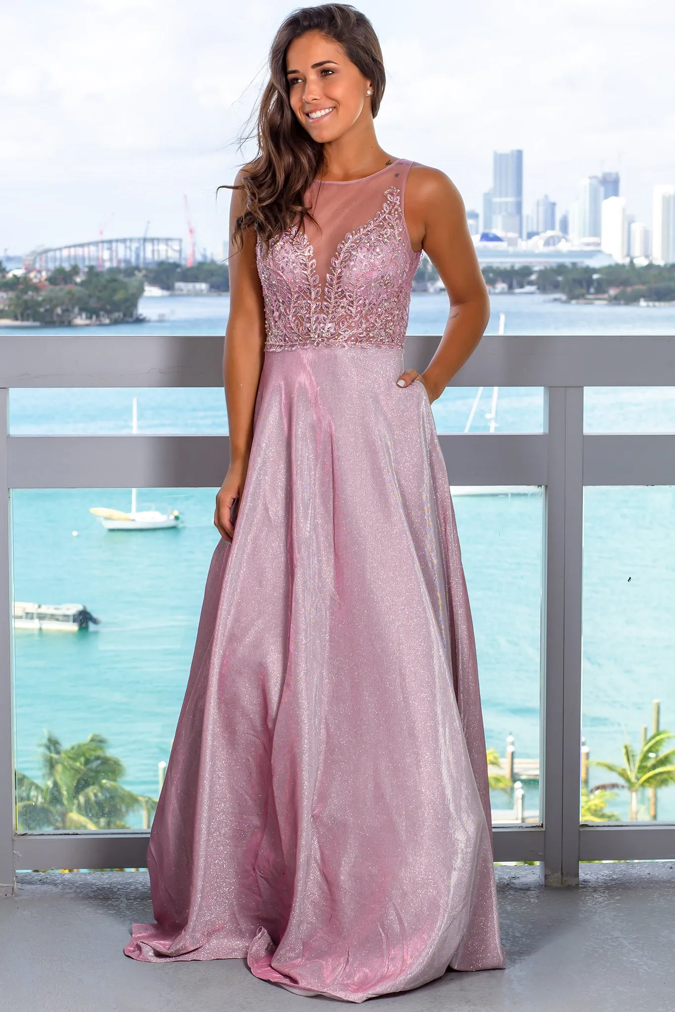 Mauve Glitter Maxi Dress with Pockets