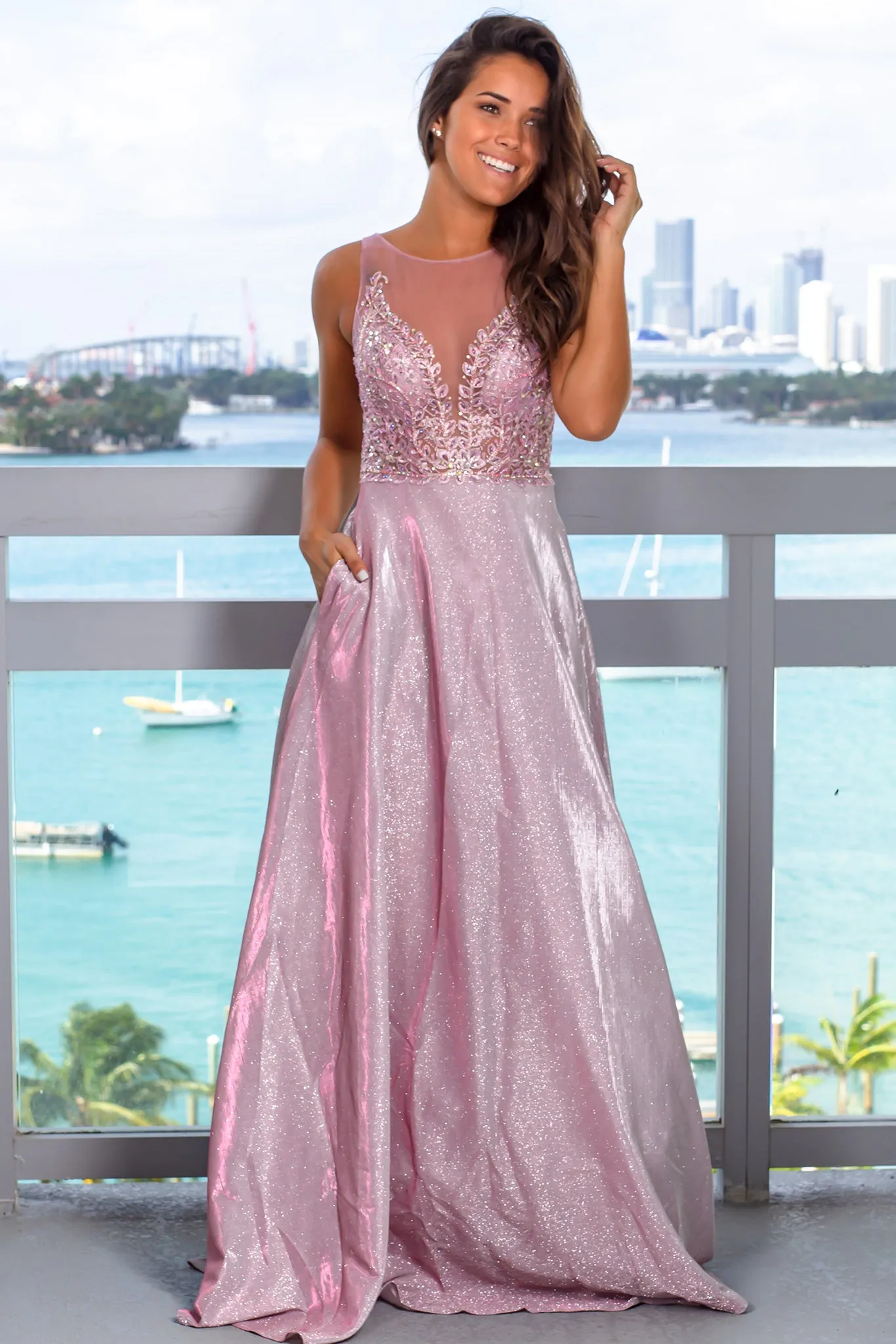 Mauve Glitter Maxi Dress with Pockets