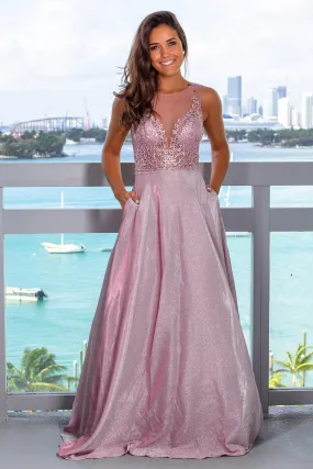 Mauve Glitter Maxi Dress with Pockets