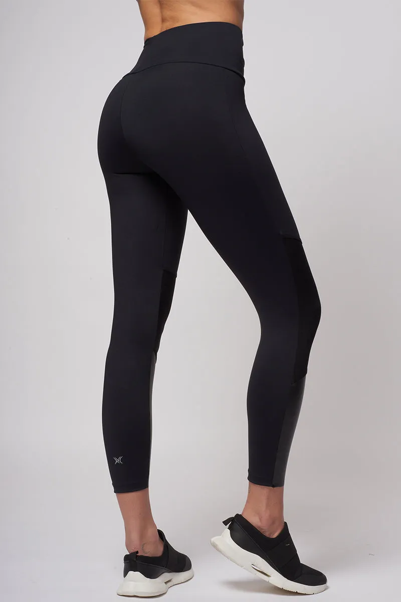 Medium Compression Waisted Leggings with High Shine Panel Black