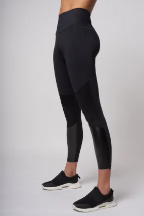 Medium Compression Waisted Leggings with High Shine Panel Black