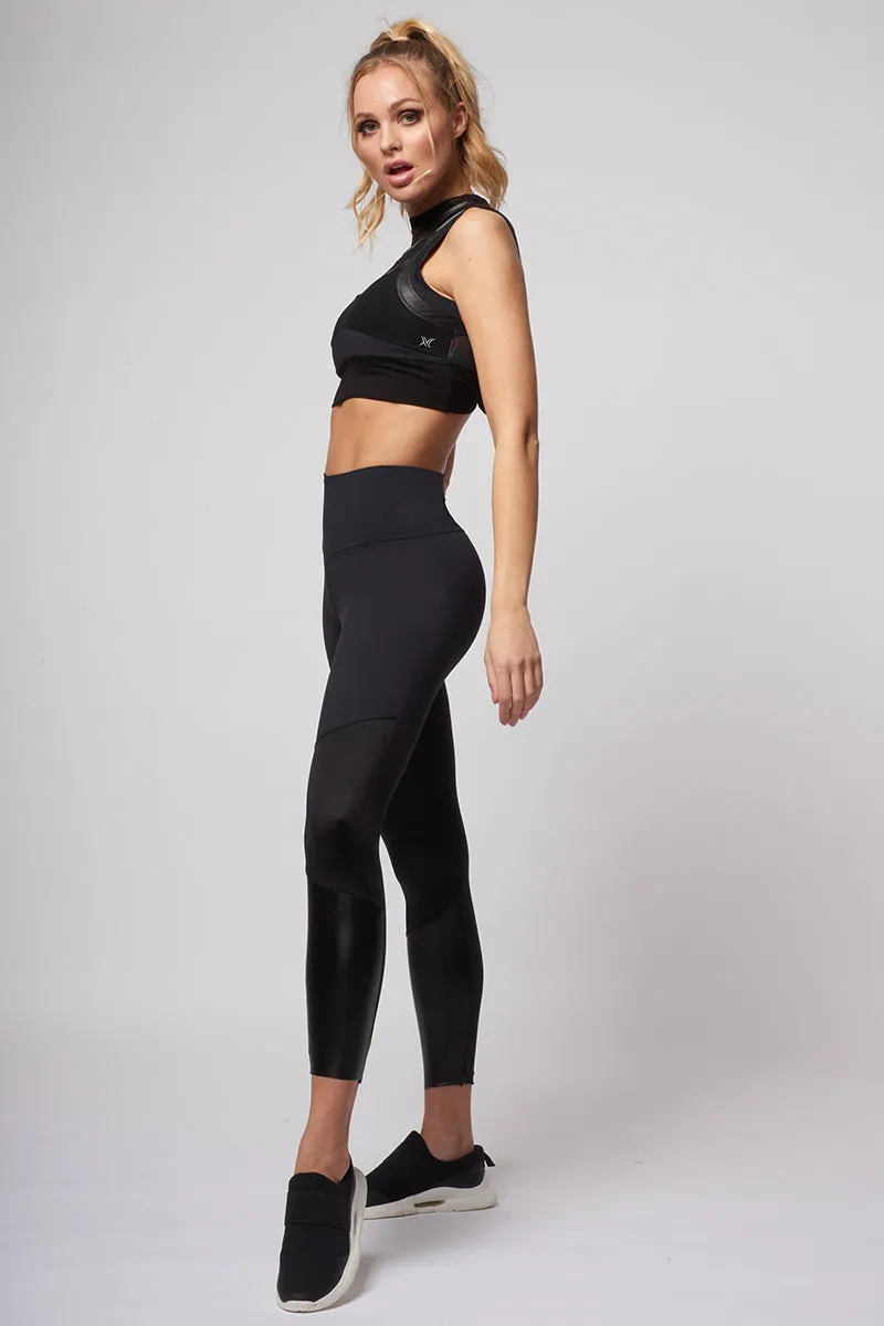 Medium Compression Waisted Leggings with High Shine Panel Black