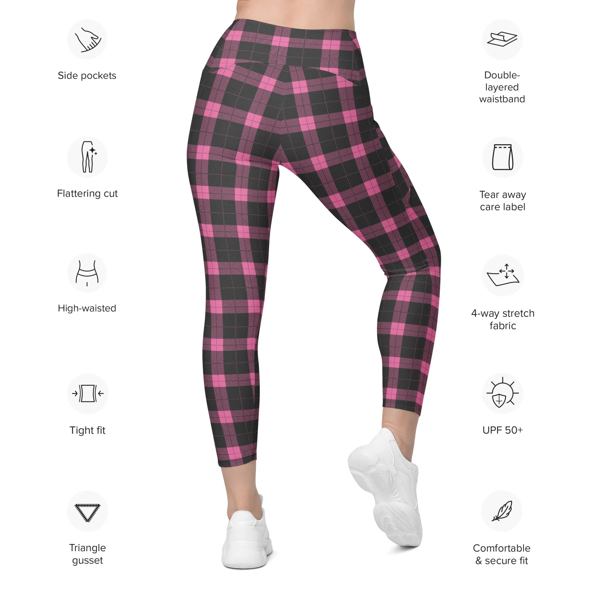 Pink Plaid Print Leggings With Pockets