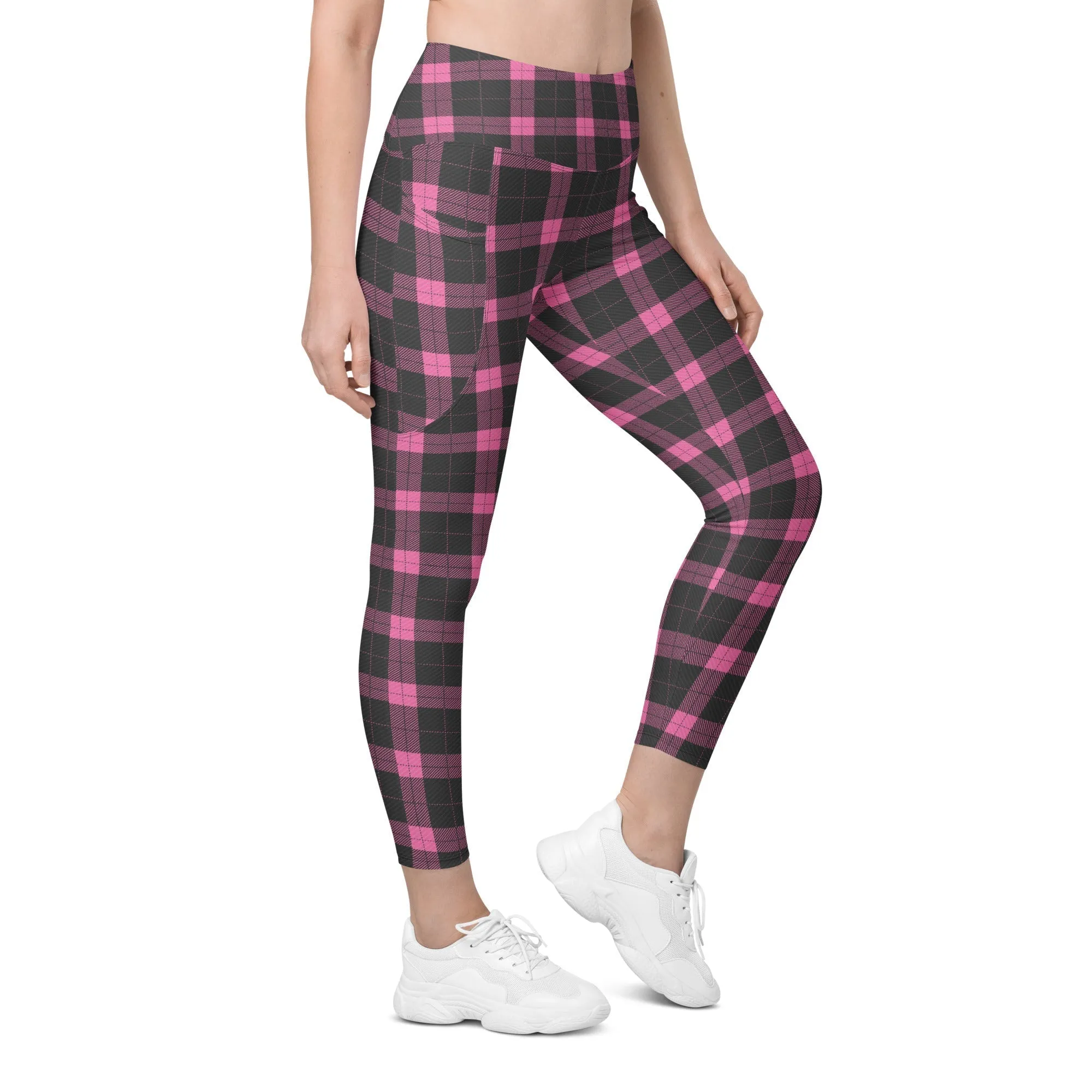 Pink Plaid Print Leggings With Pockets