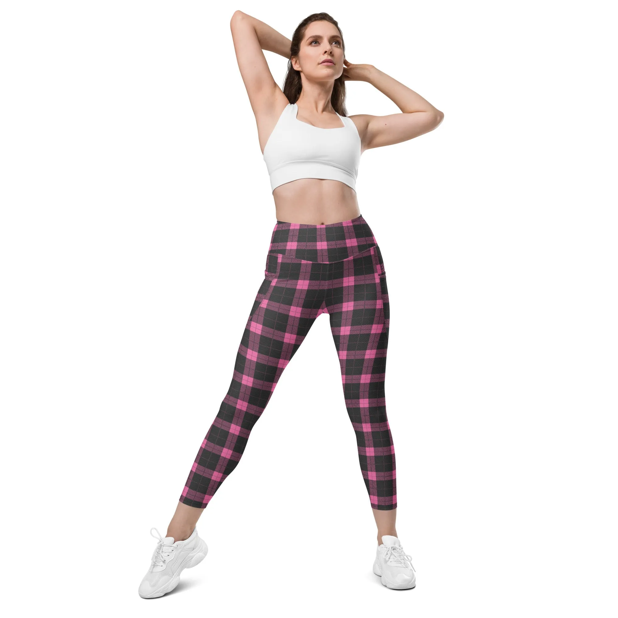 Pink Plaid Print Leggings With Pockets