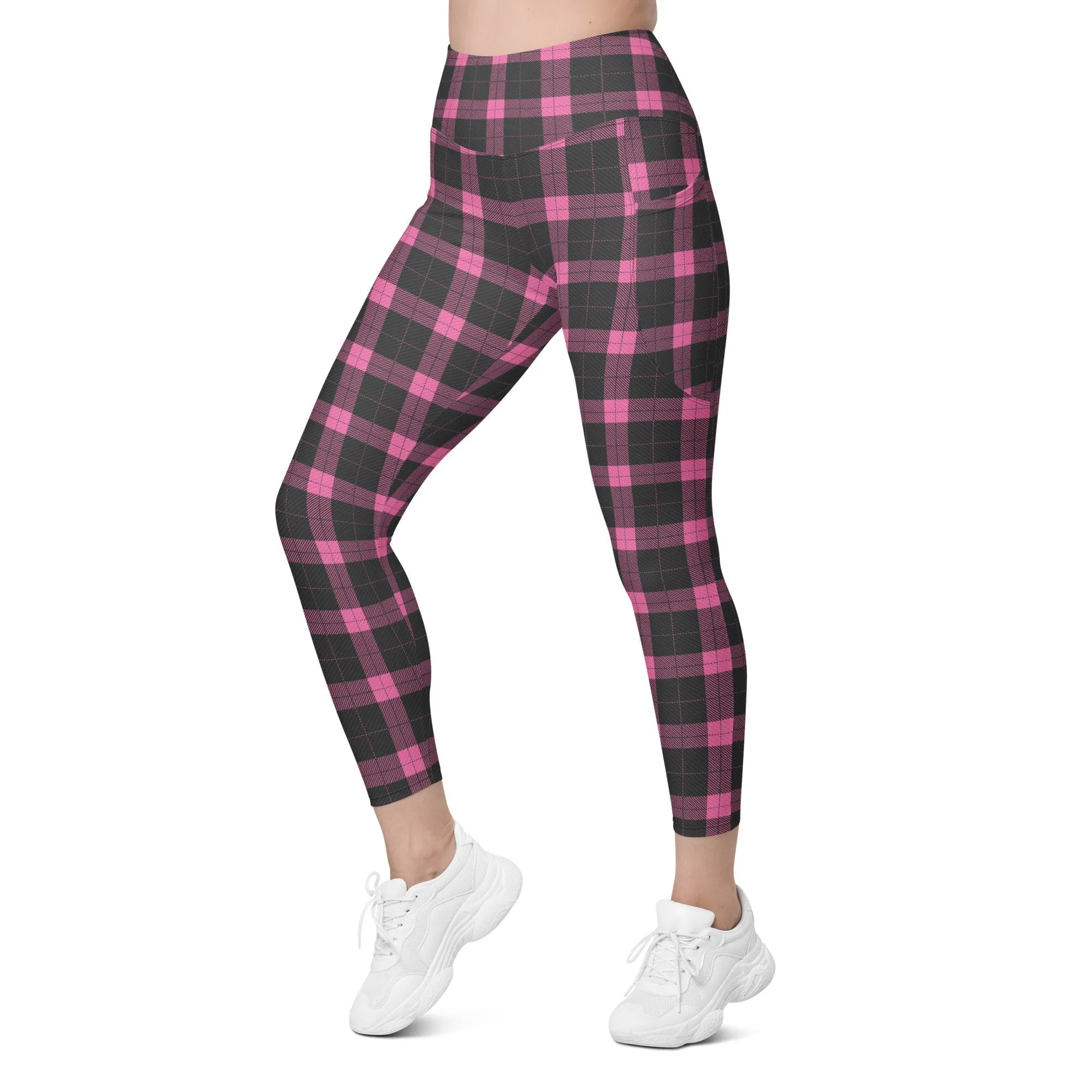 Pink Plaid Print Leggings With Pockets