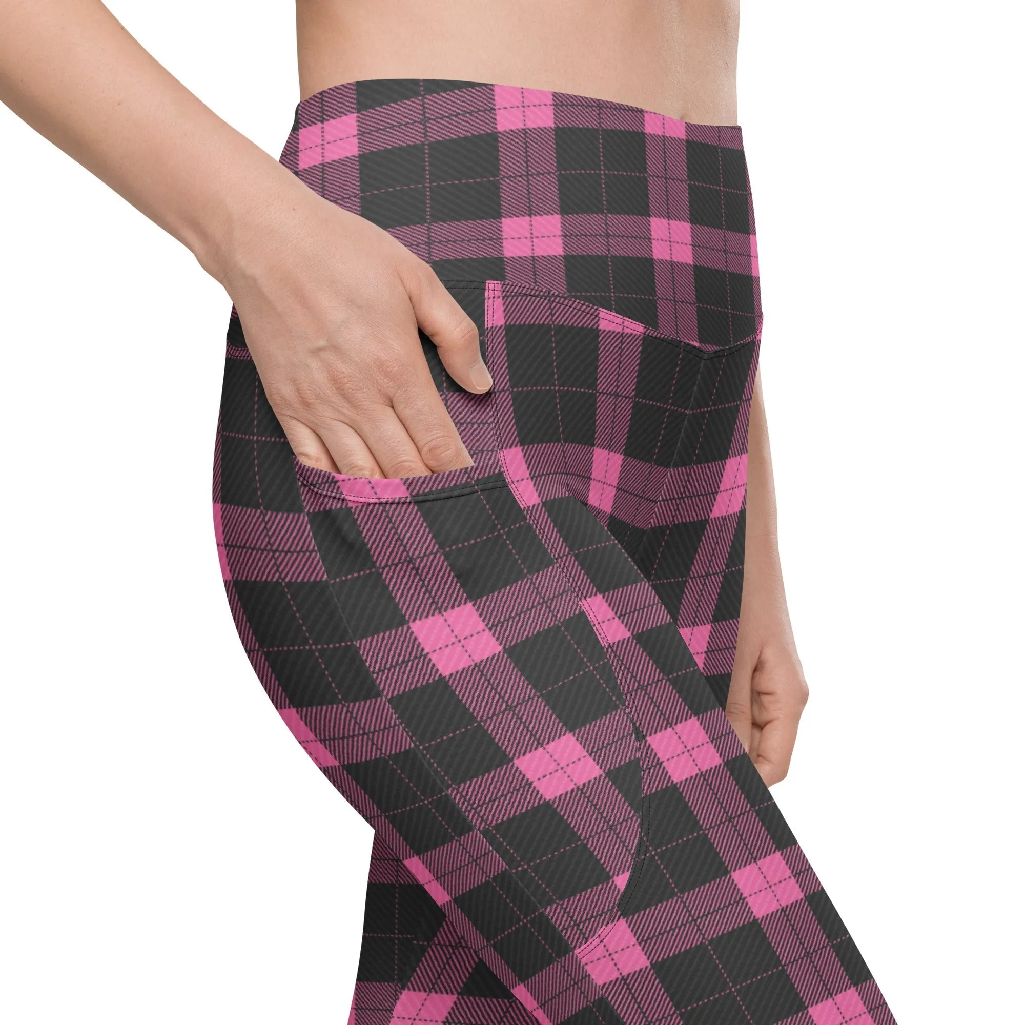 Pink Plaid Print Leggings With Pockets