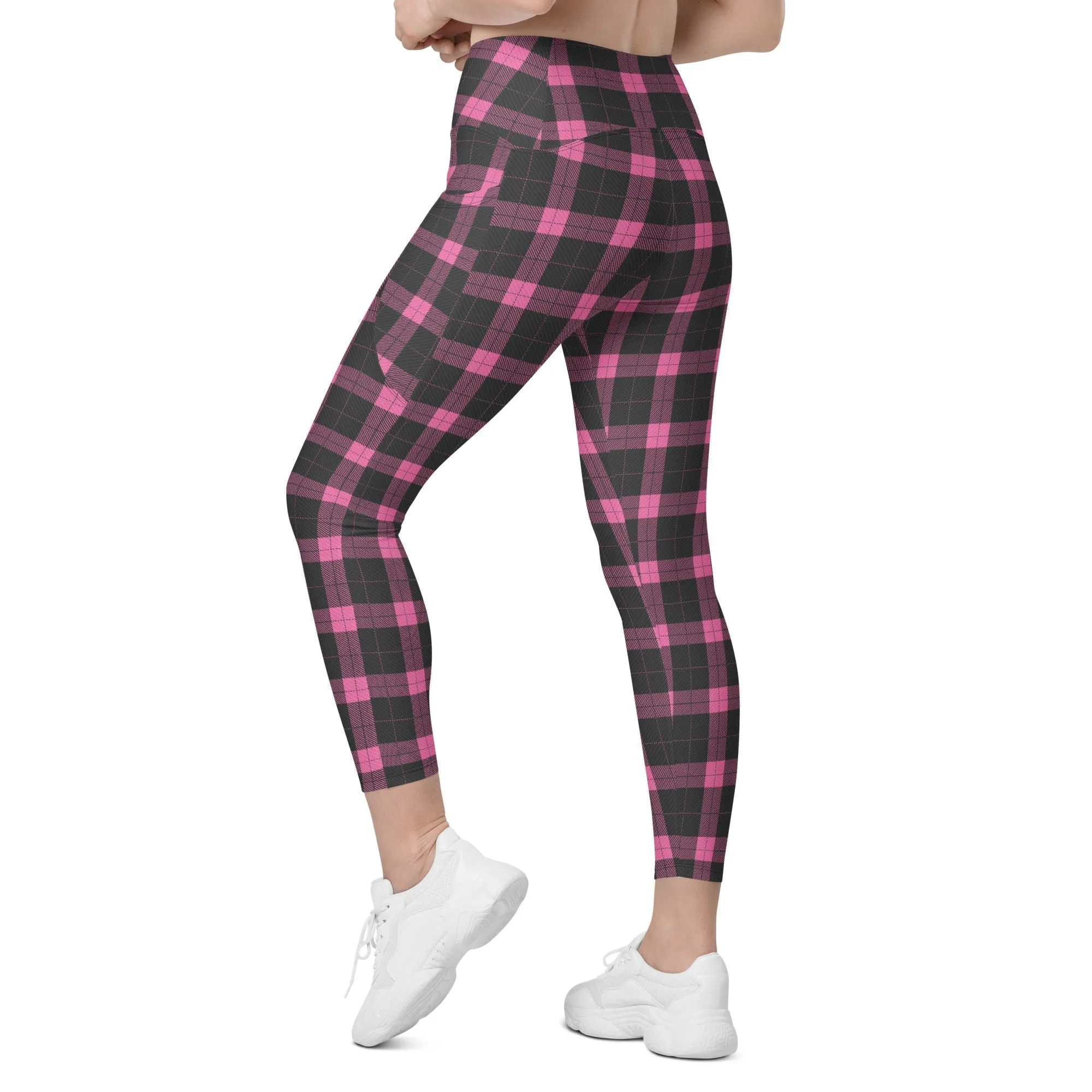 Pink Plaid Print Leggings With Pockets