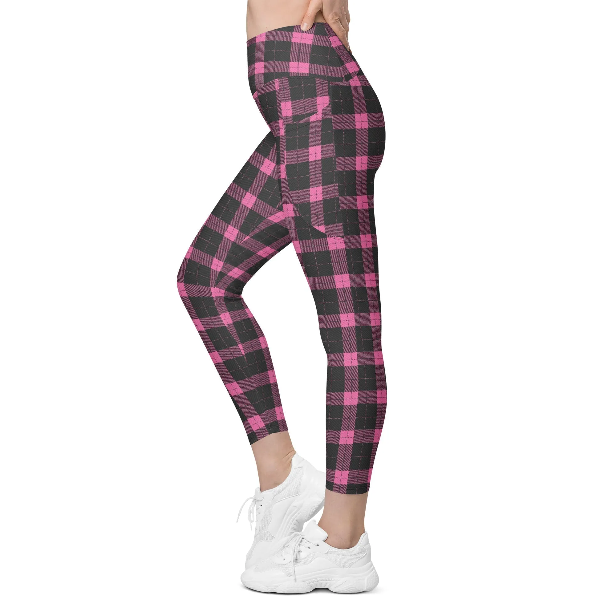 Pink Plaid Print Leggings With Pockets