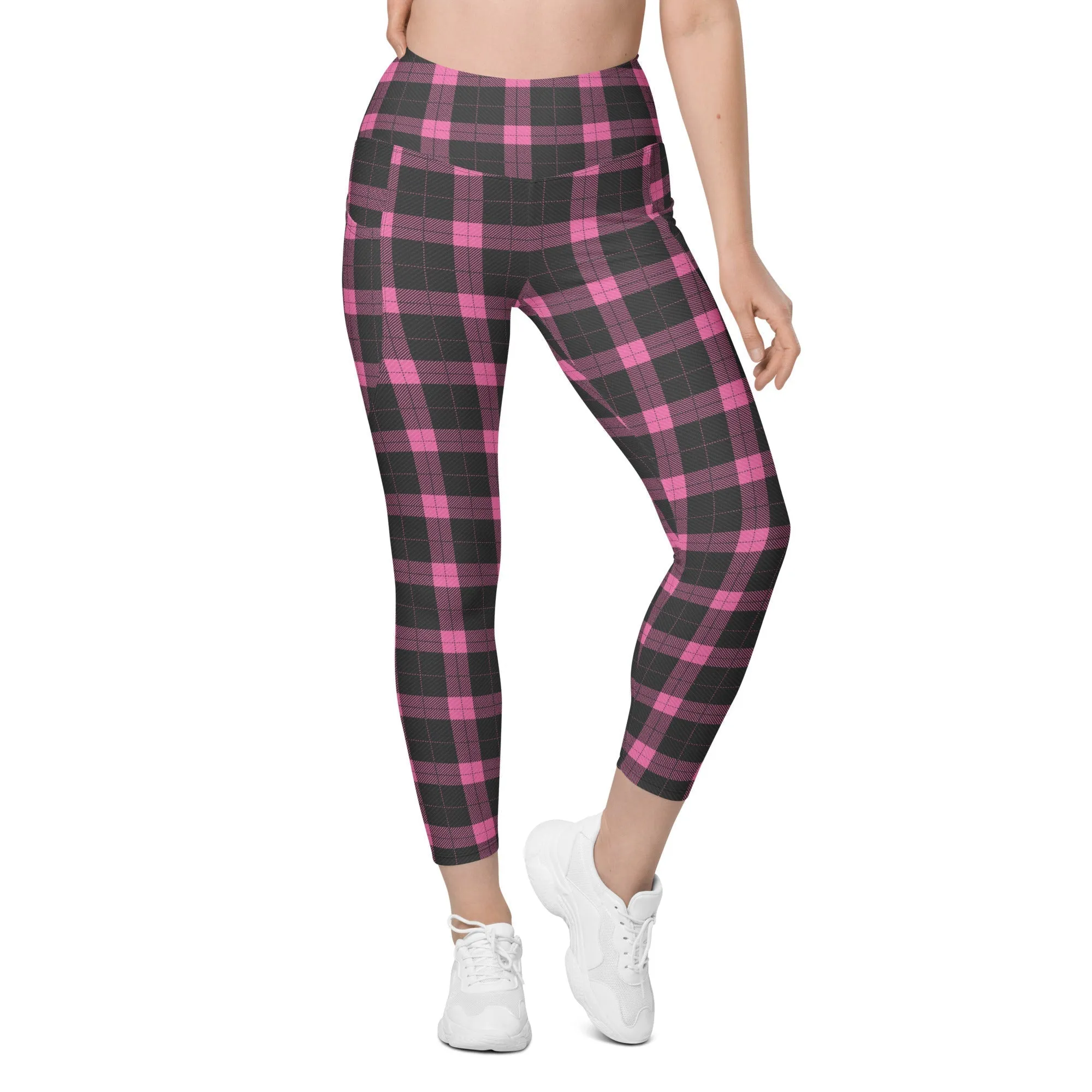 Pink Plaid Print Leggings With Pockets