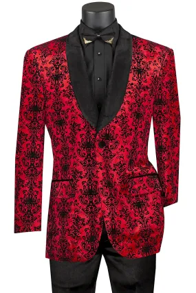 Red Regular Fit Embossed Damask Print Velvet Jacket Shawl Lapel