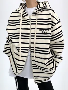 Rice cake loose vintage striped embroidery hooded sweater jacket