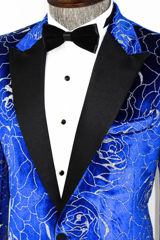 Royal Blue Velvet Silver Floral  Prom Blazer