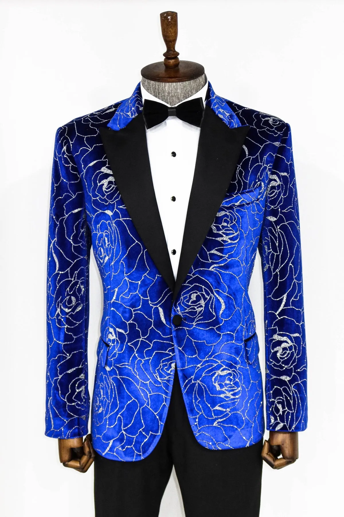 Royal Blue Velvet Silver Floral  Prom Blazer