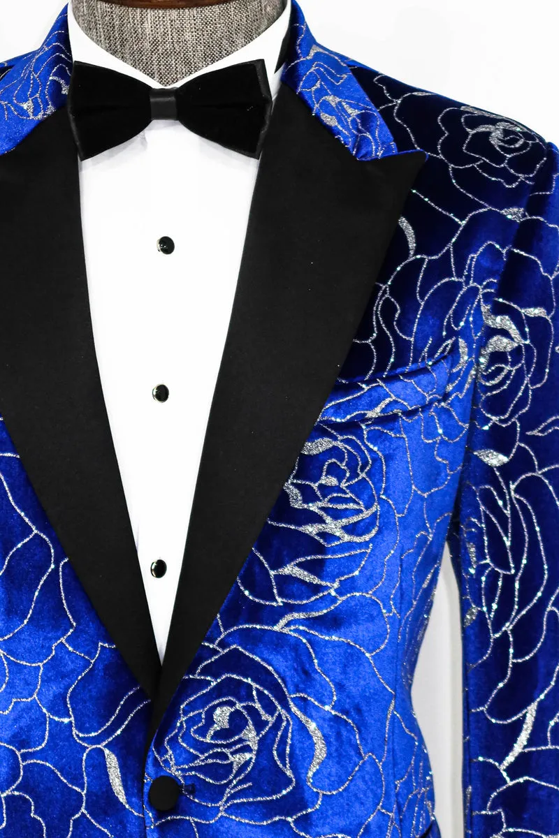 Royal Blue Velvet Silver Floral  Prom Blazer