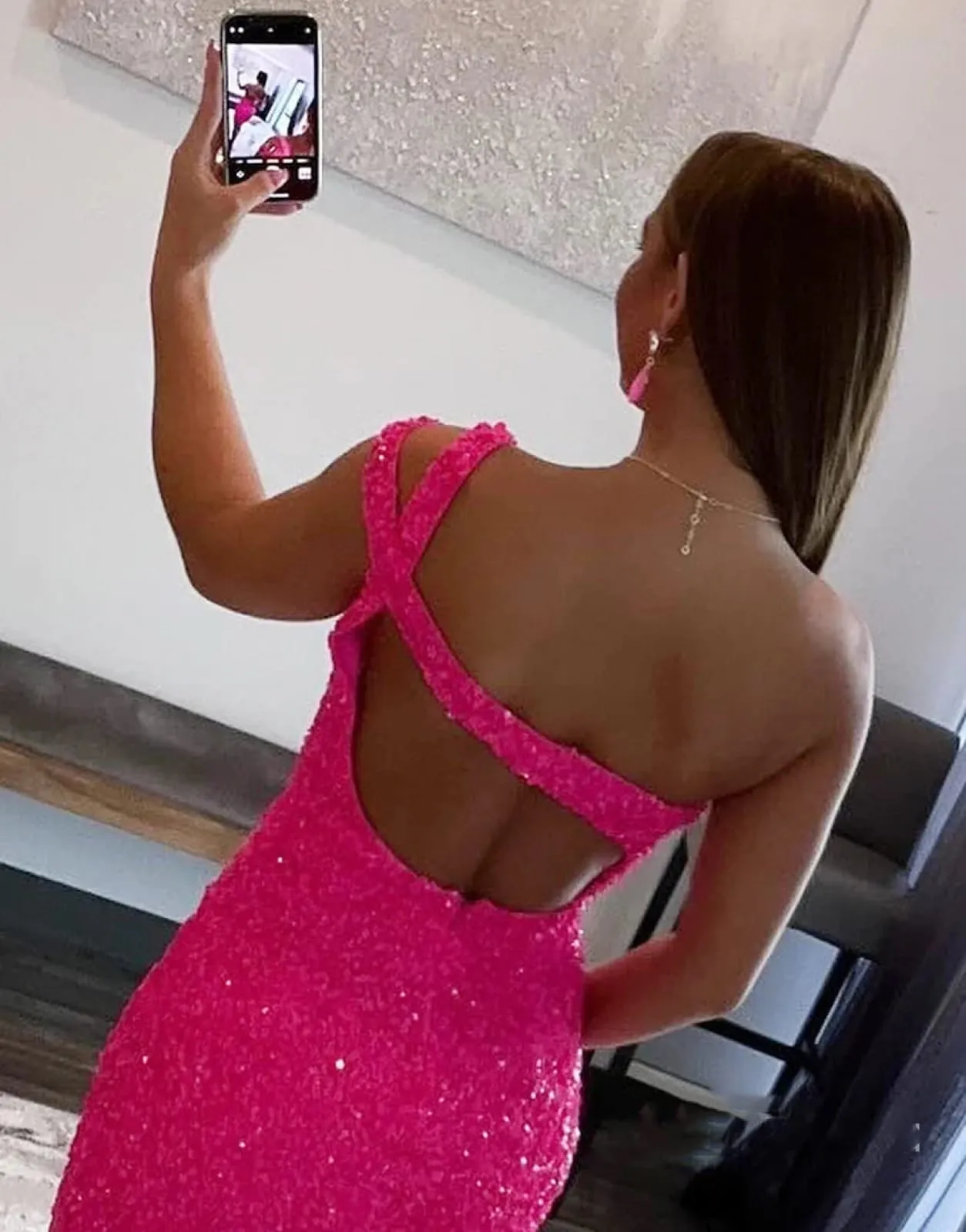 Sexy Glitter One Shoulder Hot Pink/Royal Blue Sequins Backless Homecoming Dress