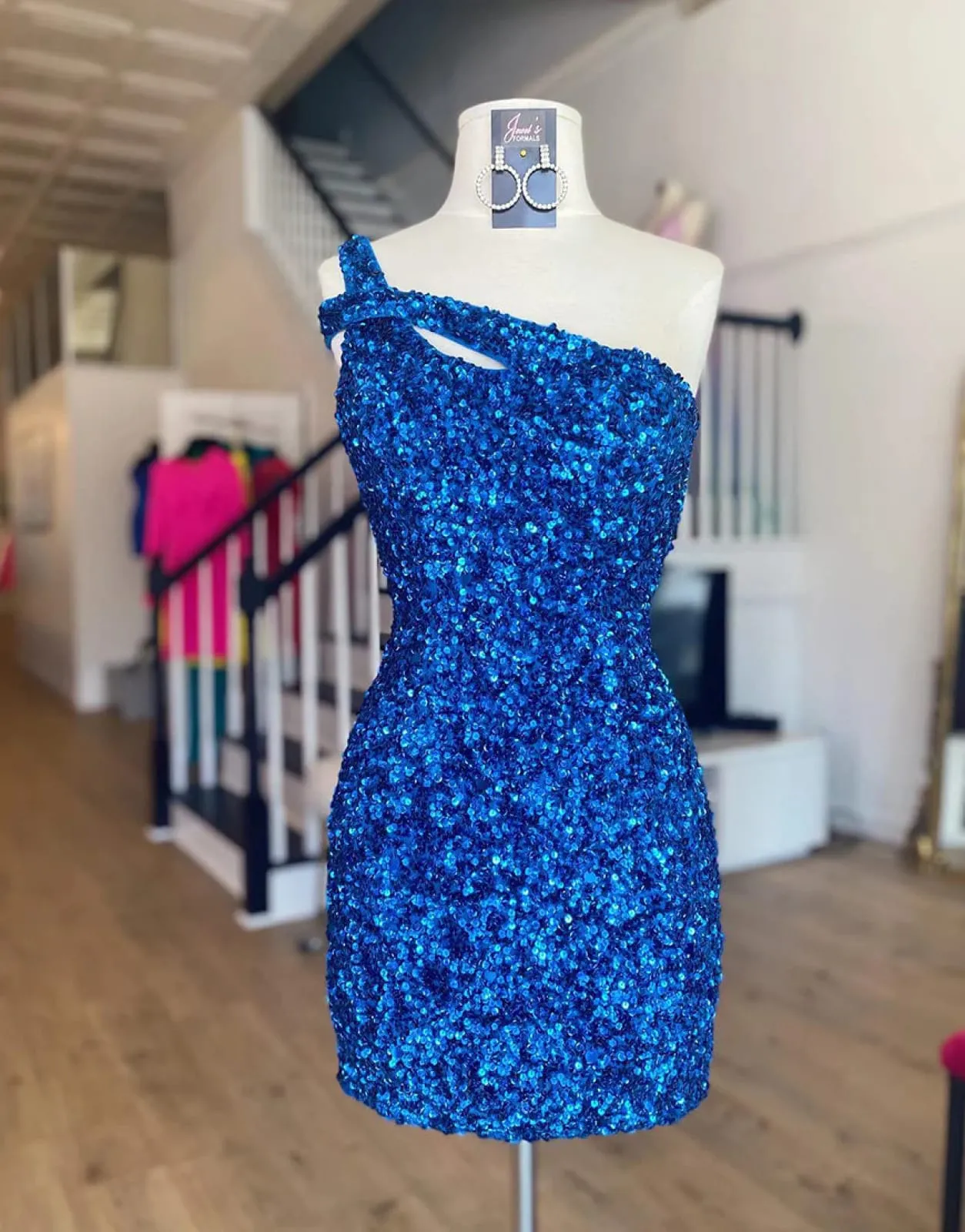 Sexy Glitter One Shoulder Hot Pink/Royal Blue Sequins Backless Homecoming Dress