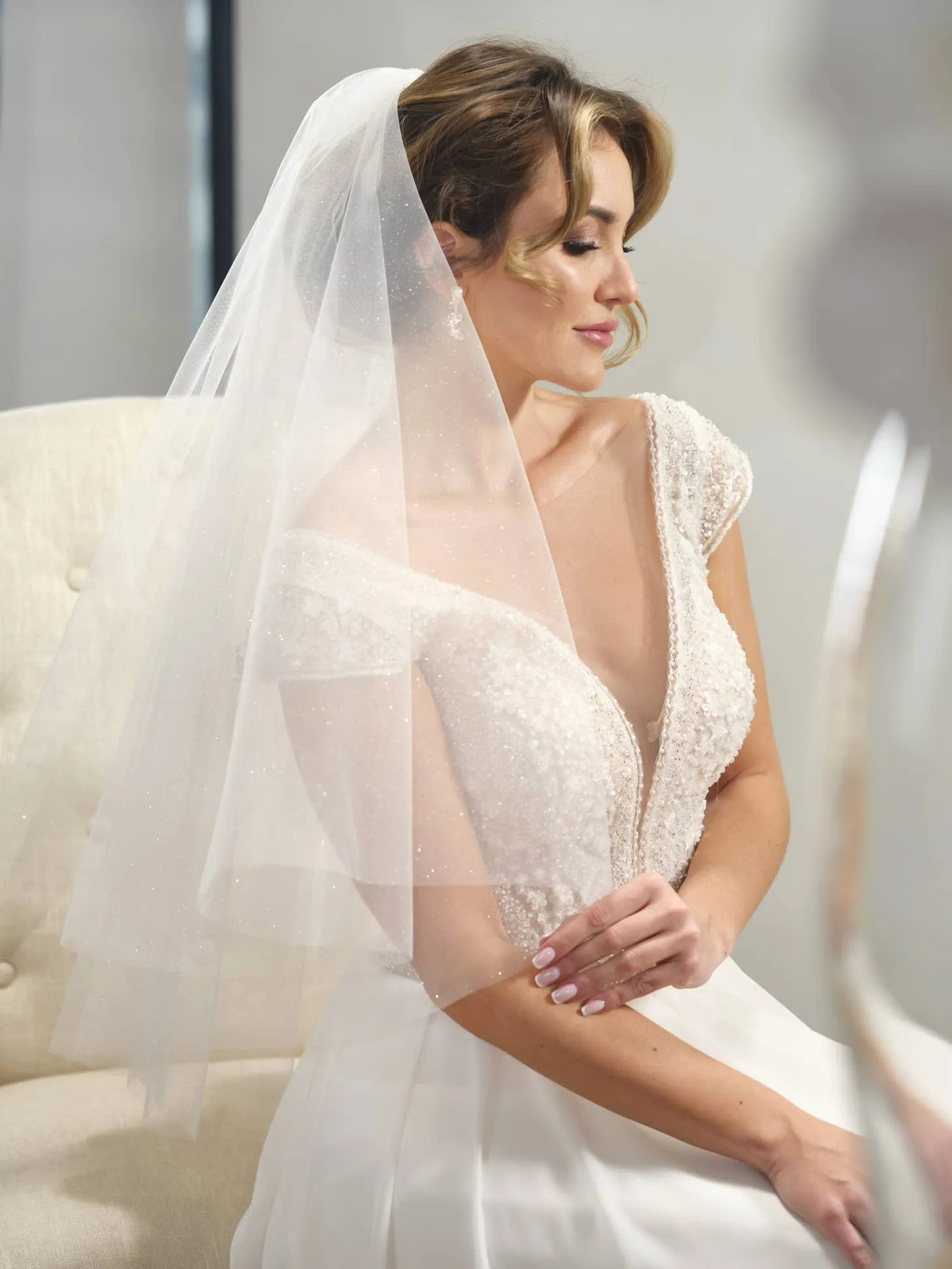 Starla - White or Ivory delicate sparkle two tier wedding veil