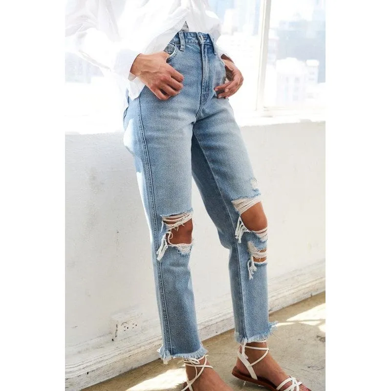 Super high rise distressed relaxed straight