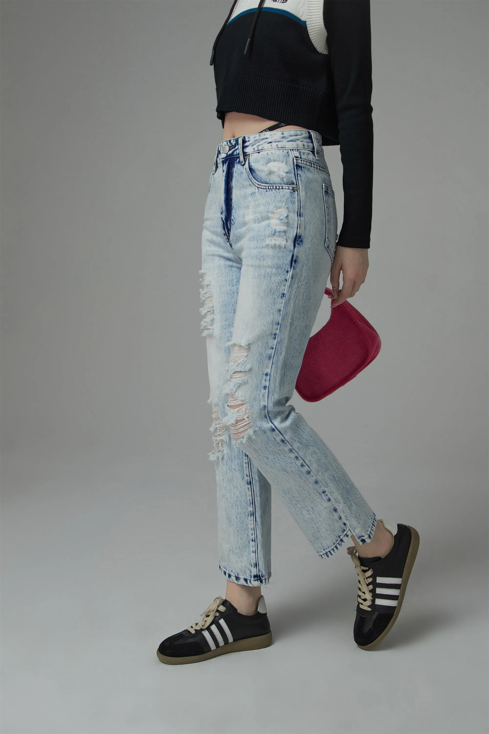 Unbalanced Hem Distressed Denim Jeans