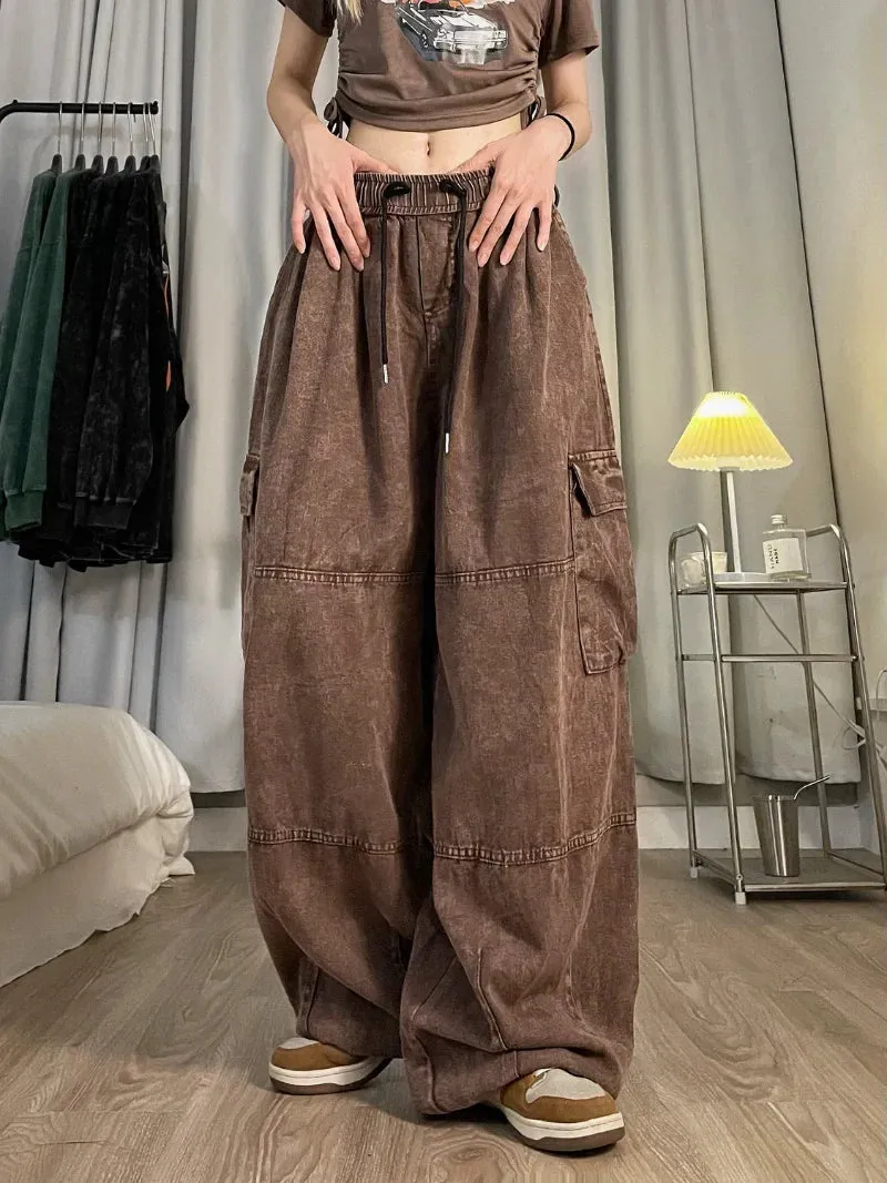 Vintage Cargo Pants Style Wide Leg Trousers Pockets Oversized Streetwear Pants