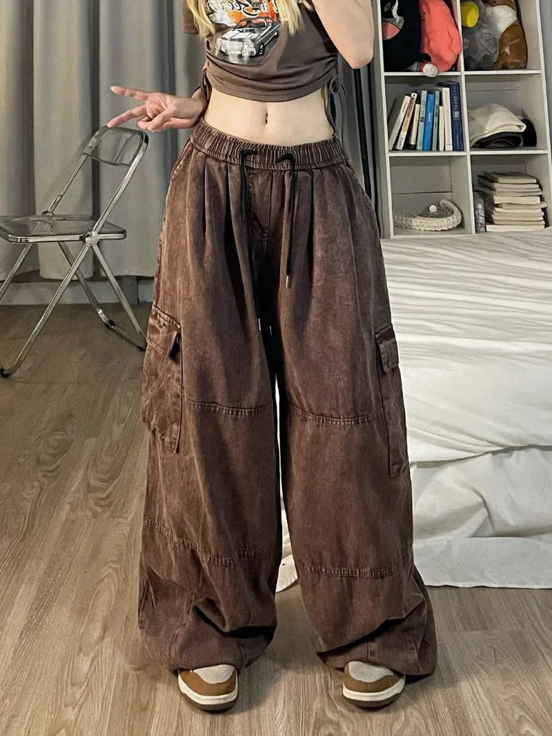 Vintage Cargo Pants Style Wide Leg Trousers Pockets Oversized Streetwear Pants