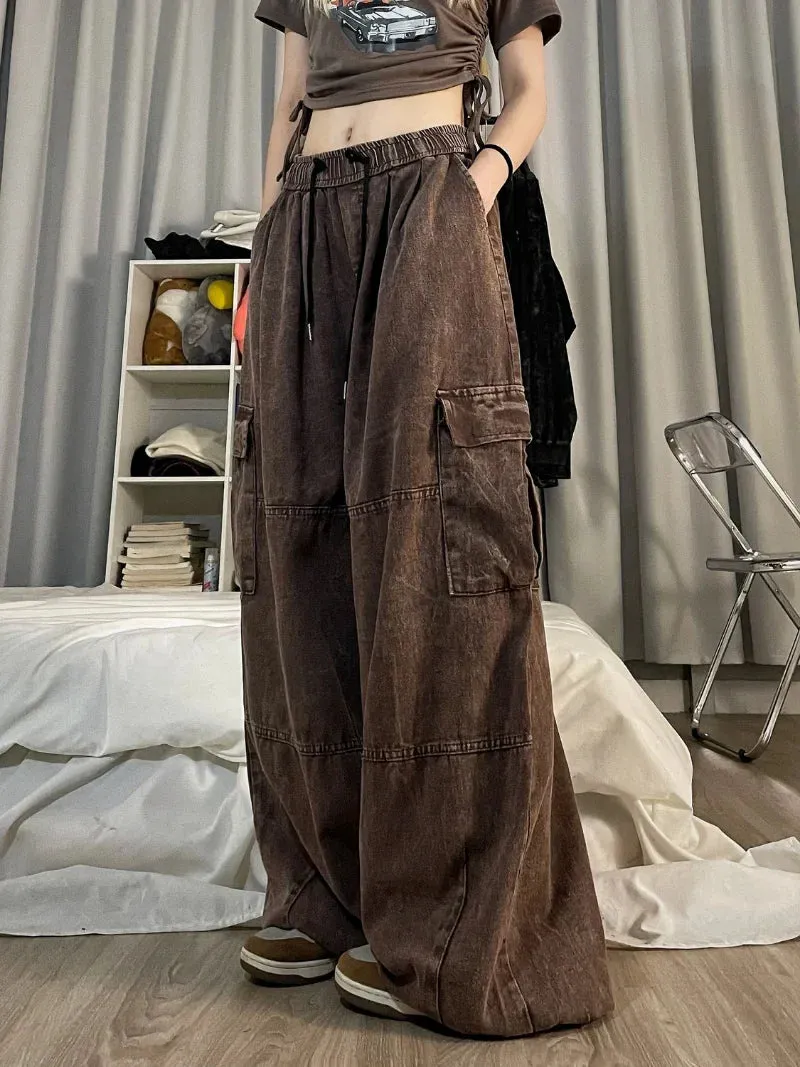 Vintage Cargo Pants Style Wide Leg Trousers Pockets Oversized Streetwear Pants