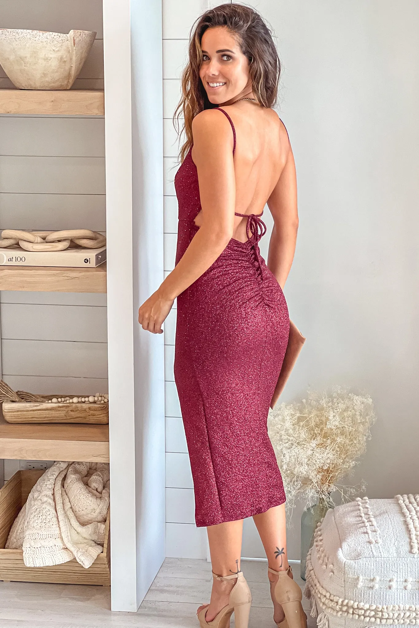 Wine Glitter Midi Dress With Open Back